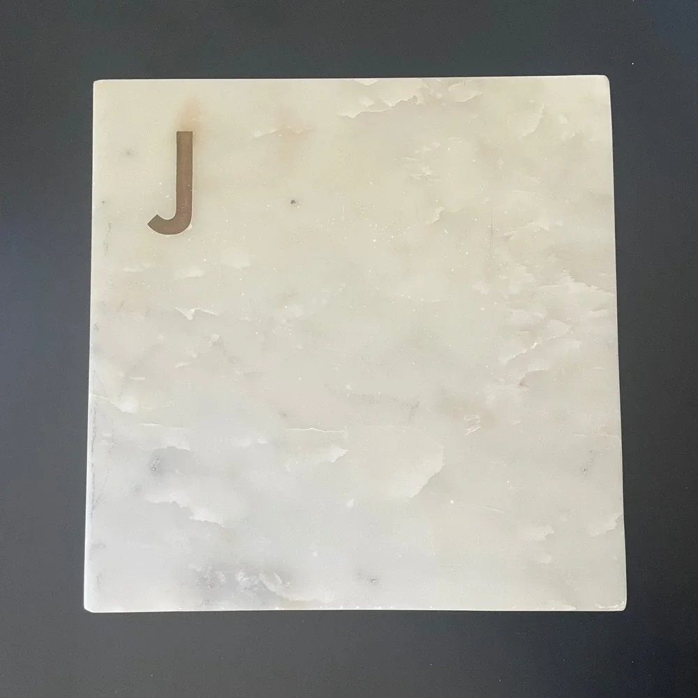 Williams Sonoma White Marble Board Monogram J Brass Serving Cheese Desserts